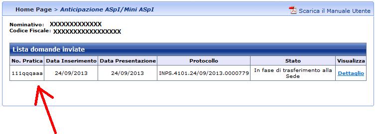 Figura 39 Anticipazione ASPI e MiniASPI: Lista domande presentate (personalizzata per il patronato) È indicata con una freccia l informazione