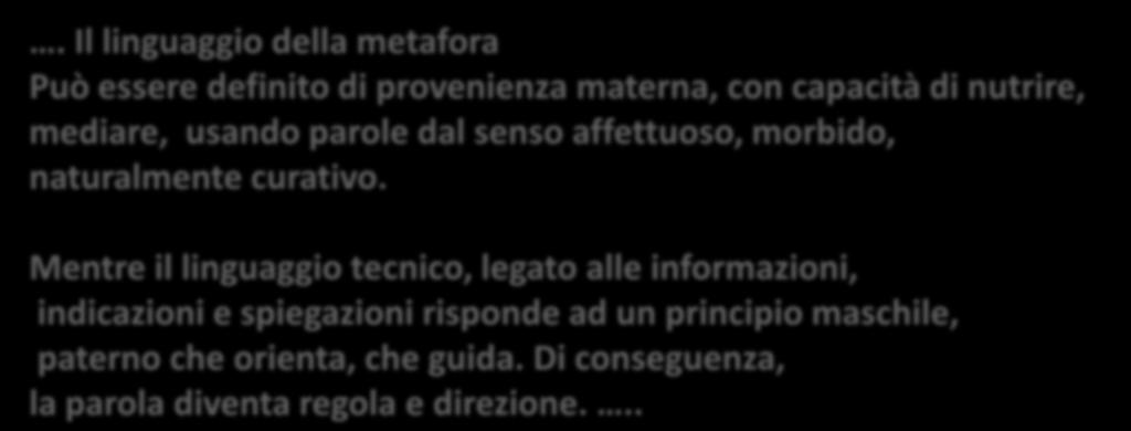 . Il linguaggio della metafora Può essere definito di provenienza materna, con capacità di nutrire,