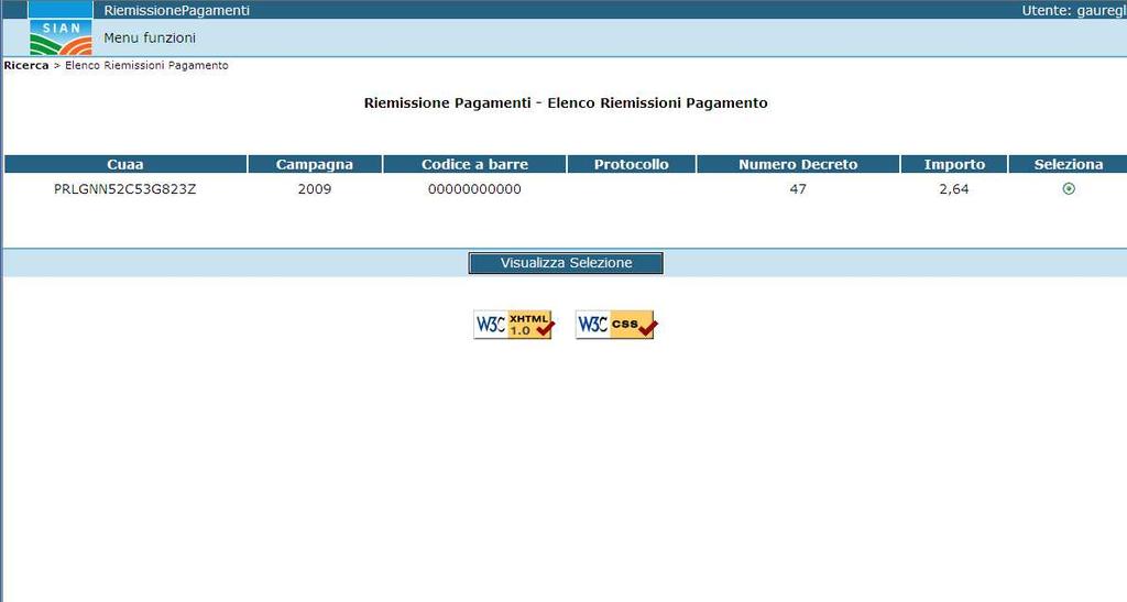 Attivando il pulsante Visualizza Selezione l utente potrà accedere ad una schermata di dettaglio che riassume tutti i dati registrati a sistema