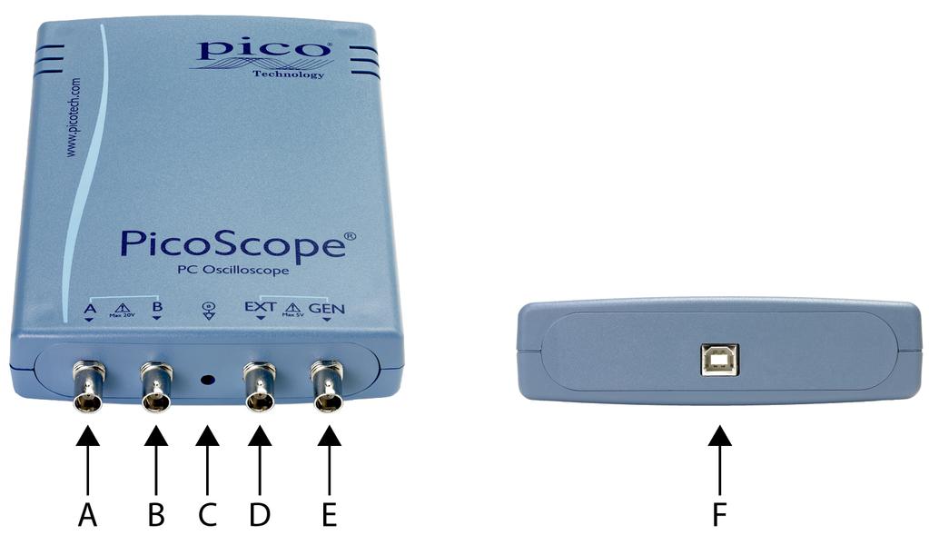 Guida all'uso degli oscilloscopi PicoScope serie 3000 A/B & D MSO 2.2 Schemi dei connettori 2.2.1 Oscilloscopi a 2 canali PicoScope modelli 3000 A e B 13 A. Canale di ingresso A B.