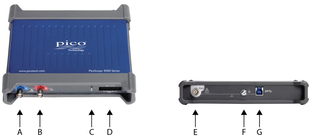 Guida all'uso degli oscilloscopi PicoScope serie 3000 A/B & D MSO 2.2.3 15 Oscilloscopi a 2 canali PicoScope modello 3000 D MSO A. Canale di ingresso A B. Canale di ingresso B C.
