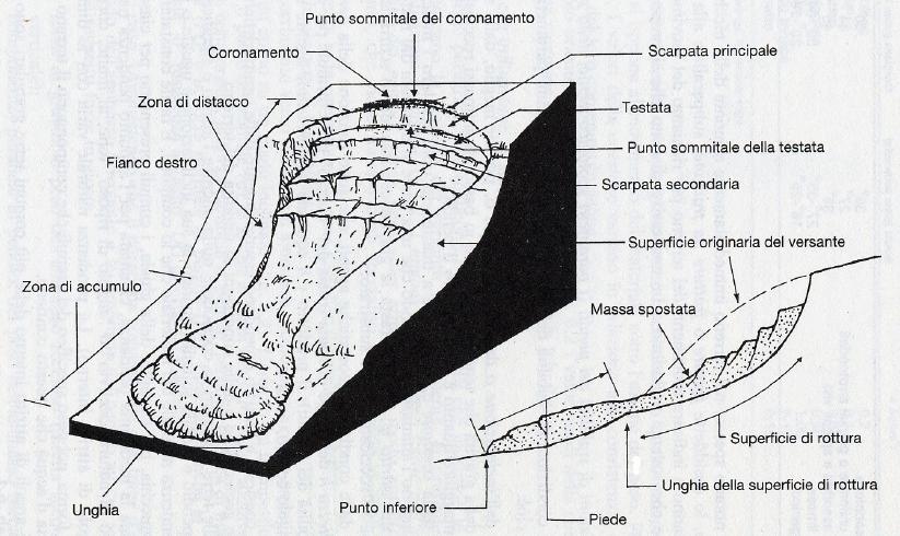 Nomenclatura di una frana In Figura 2 sono indicate le parti fondamentali di un movimento franoso.