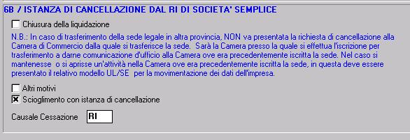 9) selezionando la causale di scioglimento e liquidazione, la data decorrenza e il corrispondente codice SN (Scioglimento senza