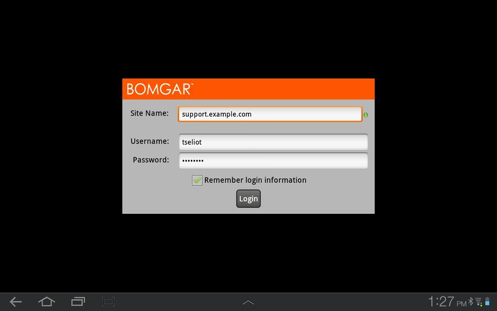 Accedere alla console del tecnico di supporto Connect per Android Dalla schermata di accesso, immettere il nome host del sito Bomgar, ad esempio example.bomgarconnect.com.