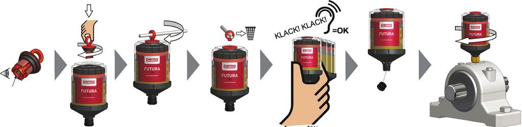 5. Attivazione e installazione La messa in funzione (vedere manuale d uso) avviene come indicato di seguito: 1. Controllare che nella vite di attivazione sia presente l elemento gasogeno 2.