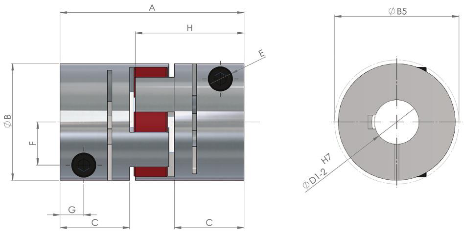 Giunti con morsetti KE2 GIUNTO AD ELASTOMERO - VERSIONE STANDARD La versione KE2 è la più utilizzata e come la versione compatta è costituita da due mozzi con morsetto ad elevata concentricità che ne