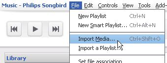 Importazione dei file multimediali Importazione di file multimediali dalle altre cartelle In Philips Songbird, selezionare File > Import Media (Importa file multimediali) per selezionare le cartelle