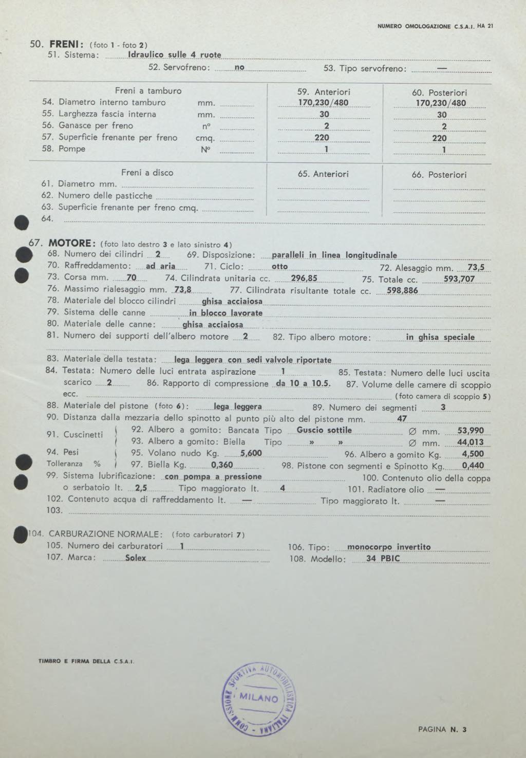 NUMERO OMOLOGAZIONE C.S.A.I. HA 21 50. FRENI : (foto 1 - foto 2 ) 51. Sistema;!drau içp sume 4 rupte 52. Servofreno; np. 53. Tipo servofreno: Freni a tam buro 54. Diam etro interno tam buro mm. 55.