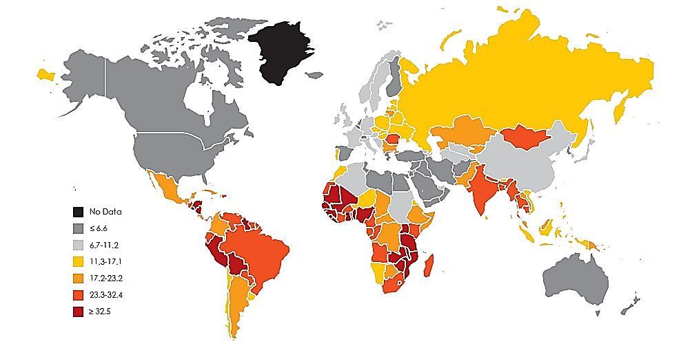 Figura 6 Mappa dell incidenza standardizzata del carcinoma della cervice uterina (per 100.000) nella popolazione mondiale.