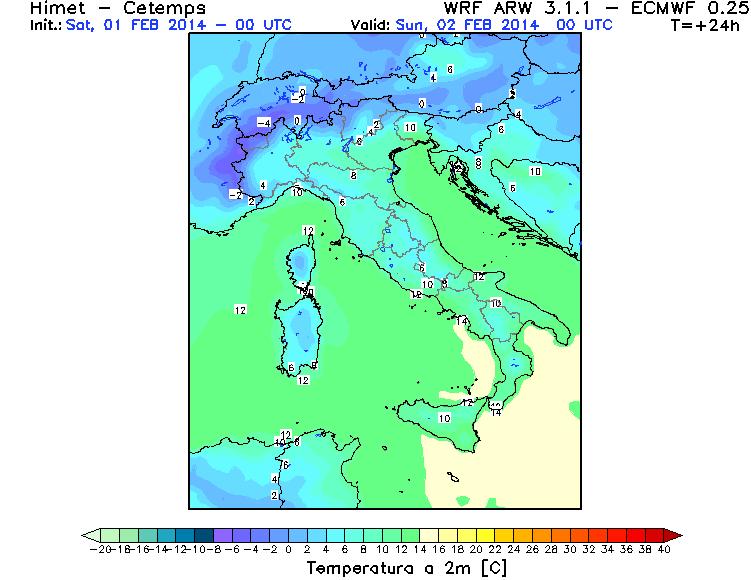 pressione nei pressi della Sardegna con richiamo di forti venti sciroccali su Adriatico e Ionio. Forte maltempo sul Triveneto, con neve oltre i 1000 1200 metri.