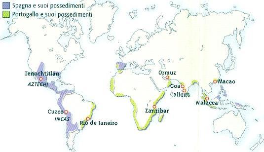 Gli imperi coloniali nel 1500 Trattato di Tordesillas (1494): Spagna e Portogallo si spartiscono idealmente le aree di influenza tracciando una linea immaginaria, detta raya, in mezzo all Atlantico: