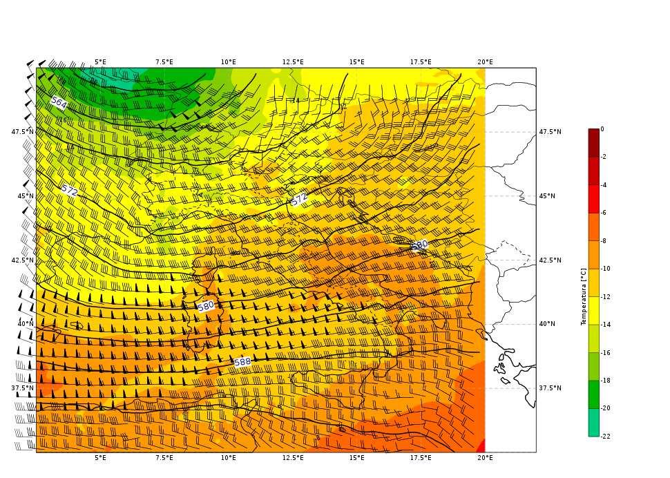 Figura 2. Mappa di analisi di geopotenziale, temperatura e vento a 500 HPa alle ore 00:00 UTC del 24 luglio 2017 da modello IFS-ECMWF. Zoom sul territorio italiano.