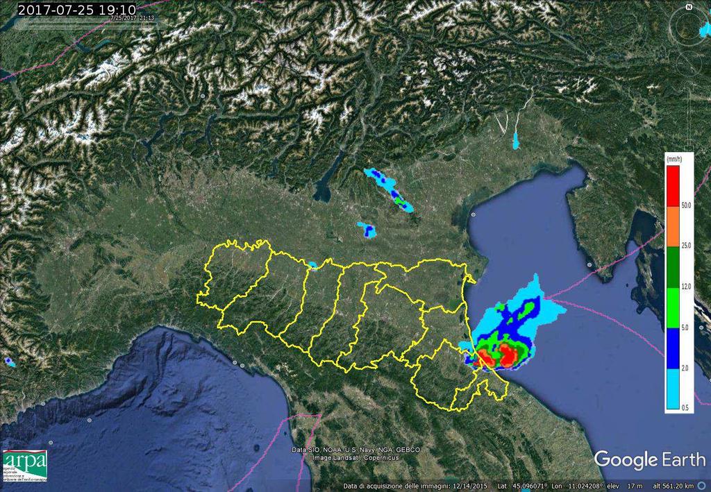 Figura 6. Mappa di analisi di geopotenziale a 500 HPa alle ore 12:00 UTC del 25 luglio 2017 da modello IFS- ECMWF. Zoom sul territorio italiano. Figura 7.