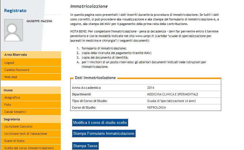 A questo punto: 1. Cliccare su stampa formulario di immatricolazione : stampare il formulario, compilarlo dove necessario e firmarlo. 2.