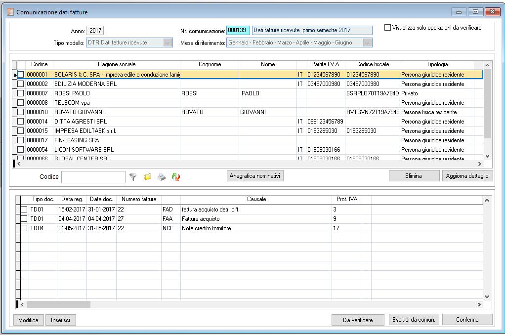 Gestione dati fatture In automatico viene visualizzata l ultima comunicazione elaborata. Modificando il campo Nr.