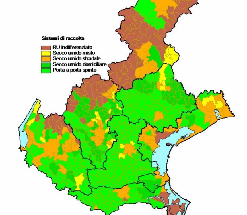 SITUAZIONE PREESISTENTE IL SERVIZIO DI RACCOLTA RIFIUTI IN VENETO NEL 2006 Il servizio di raccolta PORTA A PORTA la soluzione più adottata in Veneto 64,6% dei Comuni