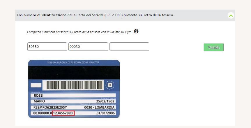 3.1.1 Validazione con il numero di IDENTIFICAZIONE DELLA CARTA DEI SERVIZI (CRS o CNS) Figura 15 Validazione con il numero di identificazione della carta dei servizi (CRS o CNS) Il sistema mostra tre