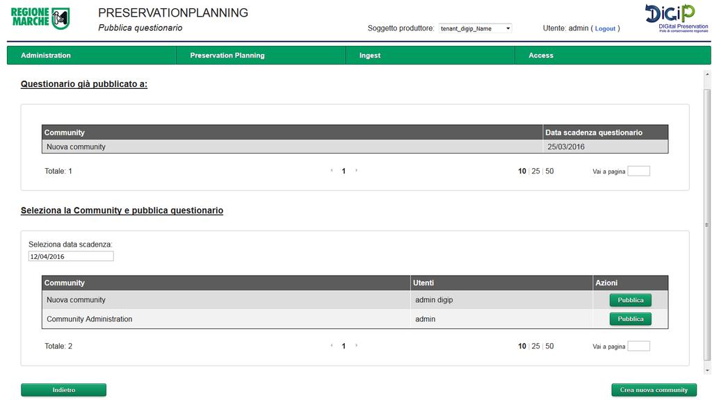 4. Crea Attività: In base alle risposte date al questionario e dopo una attenta analisi l'utente di preservation planning potrà decidere di creare delle attività che hanno come obiettivo quello di