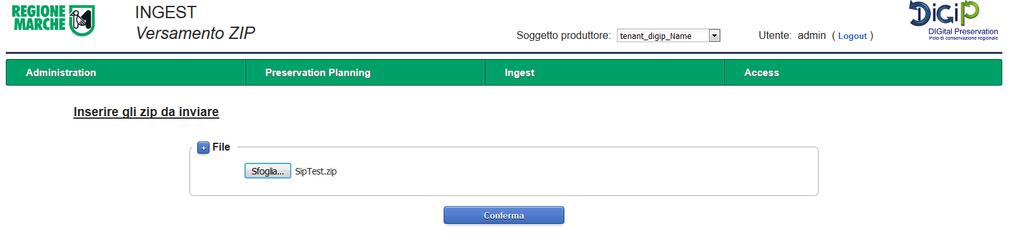 Versamento ZIP Definizione. La maschera denominata Versamento ZIP permette all'utente ingest di effettuare uno specifico versamento di un pacchetto zip.