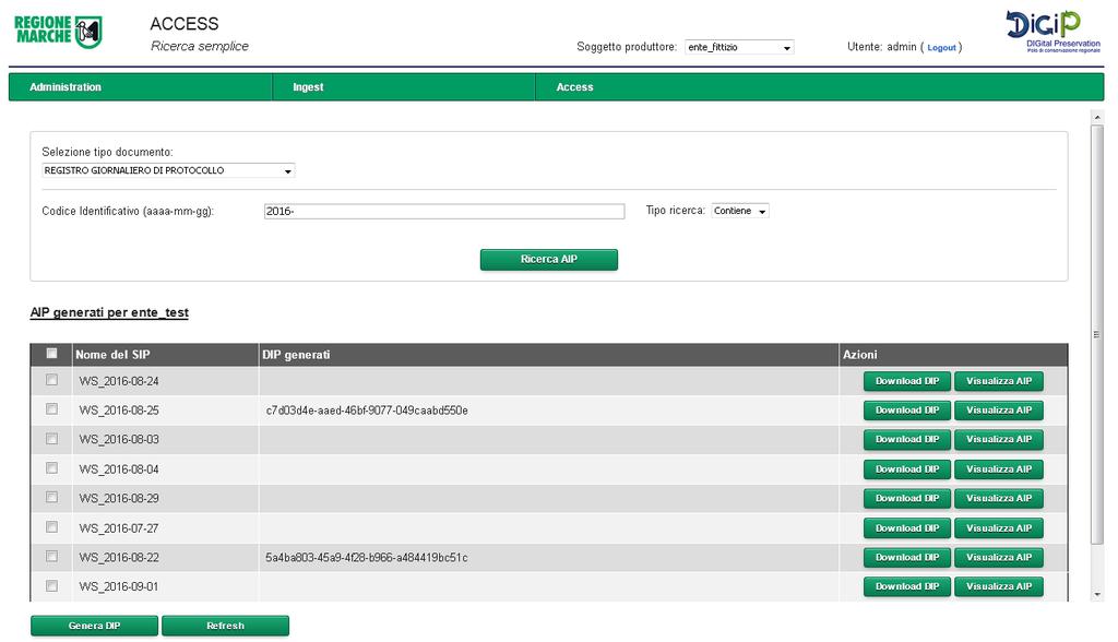 Operazioni: 1. Genera DIP: è possibile generare DIP selezionando con un flag gli AIP da cui si desidera partire. Terminata la selezione premere il pulsante Genera DIP.