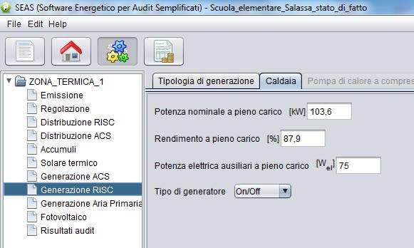 Al fine di poter effettuare il sopraccitato calcolo, sono state inserite le informazioni relative al sistema di generazione del riscaldamento invernale, costituito da una