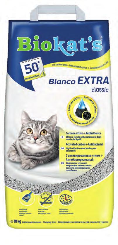 BENTONITE NATURALE Natural bentonite Bianco classic Elevato potere agglomerante Granulometria media Extra strong clumping properties Medium granulation Bianco EXTRA classic Con carbone attivo per un