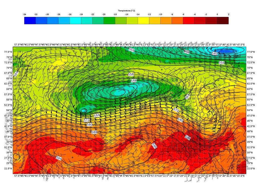 Mappa di analisi (da modello IFS-ECMWF) di geopotenziale e vento a 500 hpa del 29/07/2017 alle 00:00 UTC.
