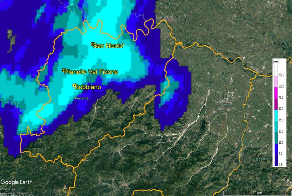 Figura 9. Cumulate oraria stimate dal composito radar della Regione Emilia-Romagna del 29/07/2017 valide alle 19:00 UTC (a sinistra) ed alle 20:00 UTC (a destra).