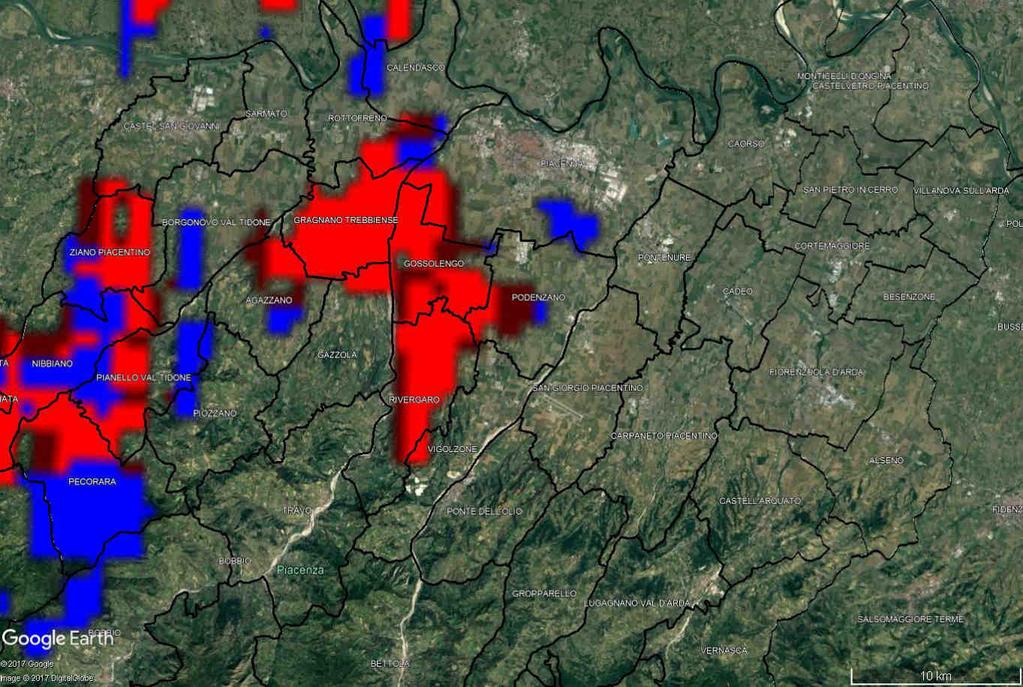 Pannelli in alto: mappe di riflettività del composito radar della Regione Emilia-Romagna del 29/07/2017 alle 18:10 UTC (a sinistra) ed alle 19:10 UTC (a destra) centrate