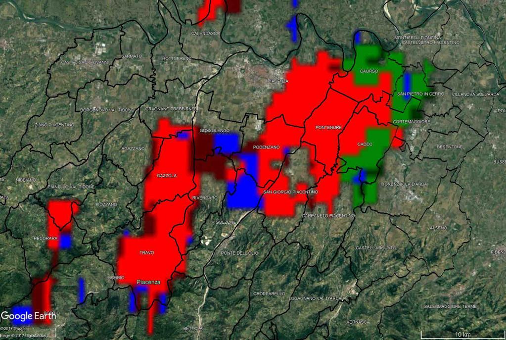 Il colore verde indica una probabilità superiore al 90% ed il colore rosso una probabilità superiore al 95%.