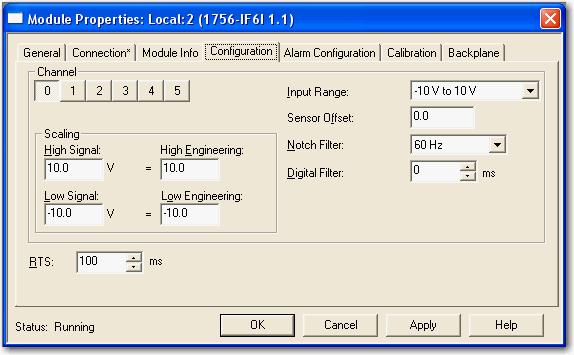 Configurazione dei moduli I/O analogici ControlLogix Capitolo 10 Di seguito è riportato un esempio di scheda Configuration relativo al modulo 1756-IF6I in modalità Esecuzione.