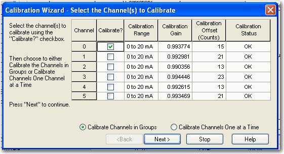 Calibrazione dei moduli I/O analogici ControlLogix Capitolo 11 7. Impostare i canali da calibrare. SUGGERIMENTO È possibile scegliere se calibrare gruppi di canali o un canale alla volta.