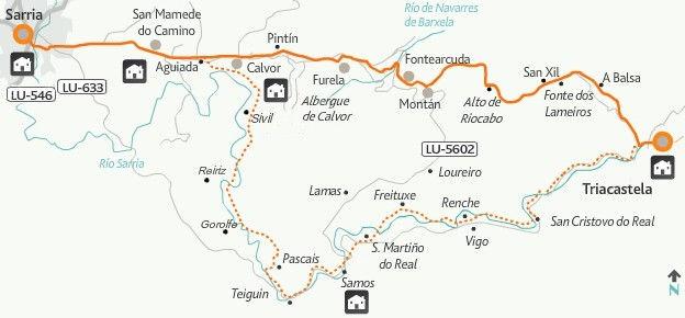 26 Triacastela - Sarria / km 18,3 La tappa di oggi offre due posbilità di itinerario: - Per San Xil (più breve 18,3km) - Per il monastero di Samos (più lunga 24,8km) Subito all'uscita di Triacastela
