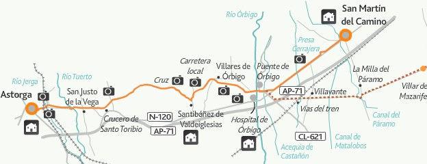 20 San Martín del Camino - Astorga / km 24,2 (Villar de Mazarife - Astorga / Km 30,9) I due percor (Villar de Mazarife o San Martino del Camino) ricongiungono a Orbigo. Itinerario A: da San Martino.