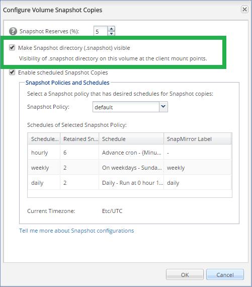 In NetApp OnCommand System Manager, la casella di controllo Snapshot copies > Configure > Make Snapshot directory (.snapshot) visible [Copie snapshot > Configura > Rendi directory snapshot (.