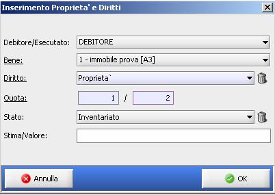 Procedere quindi all inserimento dei DIRITTI SUL BENE: dall area Diritti sui Beni selezionare Esecutati e cliccare