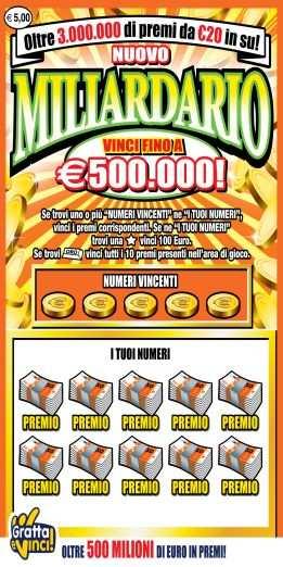 Probabilità di vincita nel dettaglio: Importo vincita N. biglietti vincenti x lotto iniziale Biglietti totali: 142.560.000 Probabilità di vincita Totali 500.000 27 1 ogni 5.280.000,00 biglietti 100.