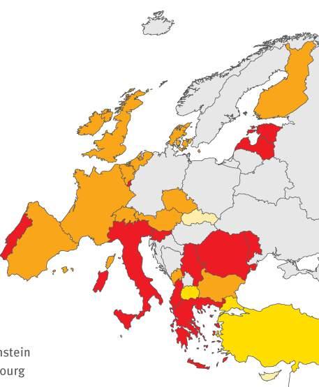 Proportion of HIV cases diagnosed late (CD4<350 cells/mm 3 ), 2014, EU/EEA < 30% 30 to <40% 40 to 50% > 50% Not included or not repor,ng Non-visible