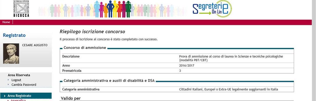 cliccare sul concorso per visualizzare la ricevuta di iscrizione: Nella pagina di