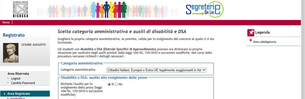 Procedura di iscrizione di candidati in possesso di certificazione di disabilità o DSA Indicare Si alla richiesta di ausilio: Selezionare il tipo