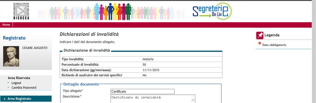 Per consentire alla Commissione di verificare quanto dichiarato e per predisporre quanto necessario al fine dello svolgimento della prova è richiesto l inserimento in allegato della relativa