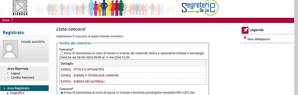 Selezionare il concorso: Confermare la