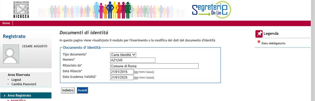 Inserire il tipo di documento, il numero, l