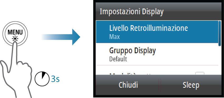 Sono disponibili le seguenti opzioni: Livello Retroilluminazione: consente di regolare il livello di retroilluminazione da un minimo del 10% a un massimo del 100% in incrementi del 10% - Quando