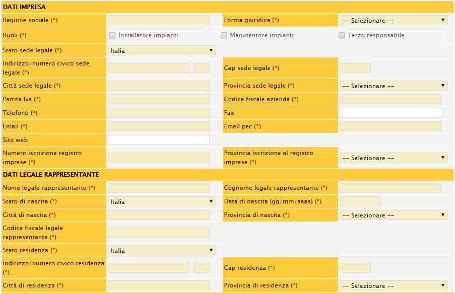 Figura 21 Per la compilazione sono necessari i seguenti dati: DATI IMPRESA Campo Ragione sociale Forma giuridica Ruoli Stato sede legale - Indirizzo sede legale - Cap sede legale - Città sede legale