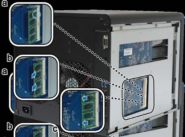 Installare il modulo RAM 1 Per spegnere la DiskStation, tenere premuto il pulsante di accensione fino a udire un "bip". Scollegare i cavi connessi alla DiskStation per evitare possibili danni.