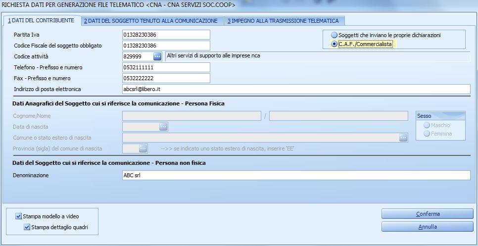 A questo punto è possibile procedere con la Generazione del file telematico dei dati estratti La maschera è suddivisa in 3 finestre: DATI CONTRIBUENTE Il programma riporta i dati inseriti in