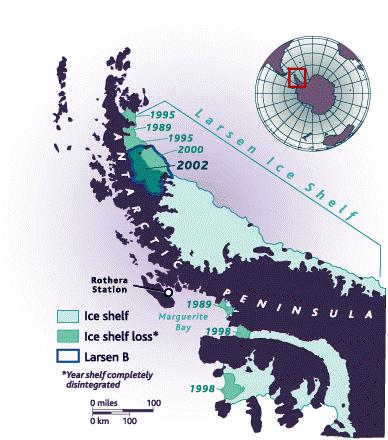 Antartide: il collasso delle piattaforme di ghiaccio galleggiante In Penisola Antartica e nei ghiacciai che defluiscono nell Amundsen Sea, fra il 1989 e il 2005, si sono disintegrate e ridotte