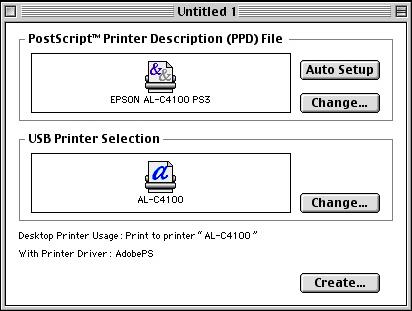 5. Dopo aver selezionato la stampante USB e il file PPD, fare clic su Crea nella parte inferiore della finestra di dialogo. L icona della stampante USB verrà visualizzata sulla scrivania.