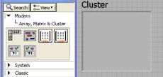 Diagramma a blocchi: Cluster Diagramma a blocchi: Array e matrici Creazione di un cluster nel pannello frontale Gestione cluster E possibile creare un array, o una matrice, di dati dello stesso tipo.